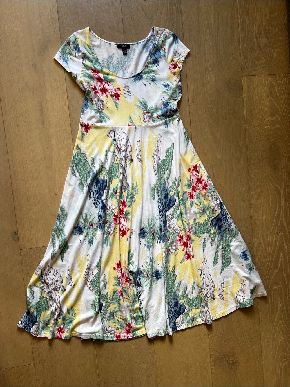 Chaps Tropical Floral Midi Fit and Flare Dress Cap Sleeve Large